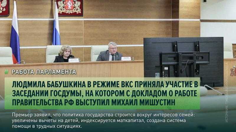 Людмила Бабушкина в режиме ВКС приняла участие в заседании Госдумы